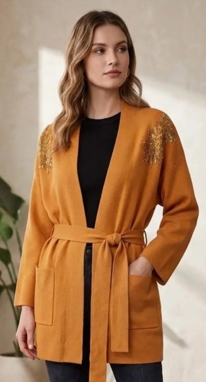 6016) MaxSport Burnt Orange Embellished Shoulder Belted Cardigan XL